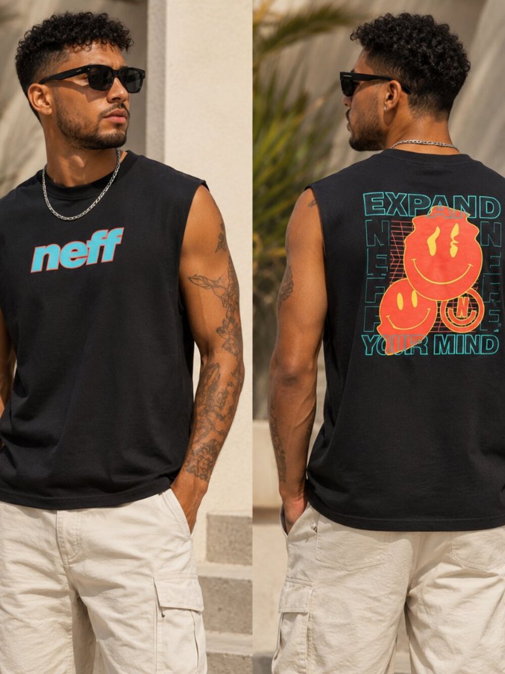 New Men's Neff Black Tank Top with Orange and Blue Graphics - M